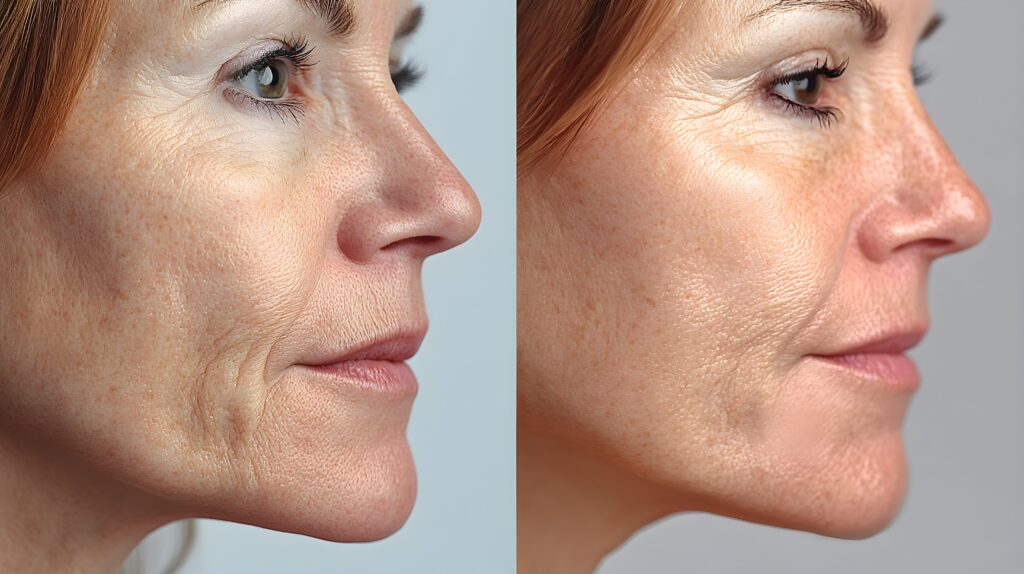 Side-by-side view of a woman's face before and after Sculptra treatment, showing smoother skin and reduced wrinkles.