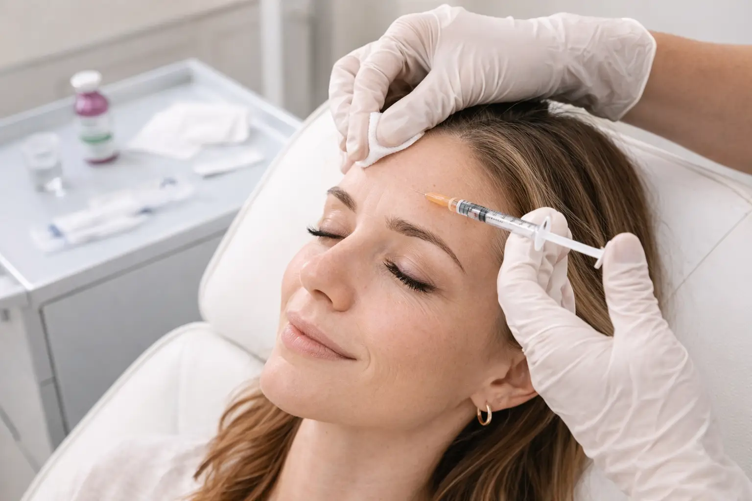 Practitioner administering Botox injection to forehead to reduce fine lines and wrinkles.