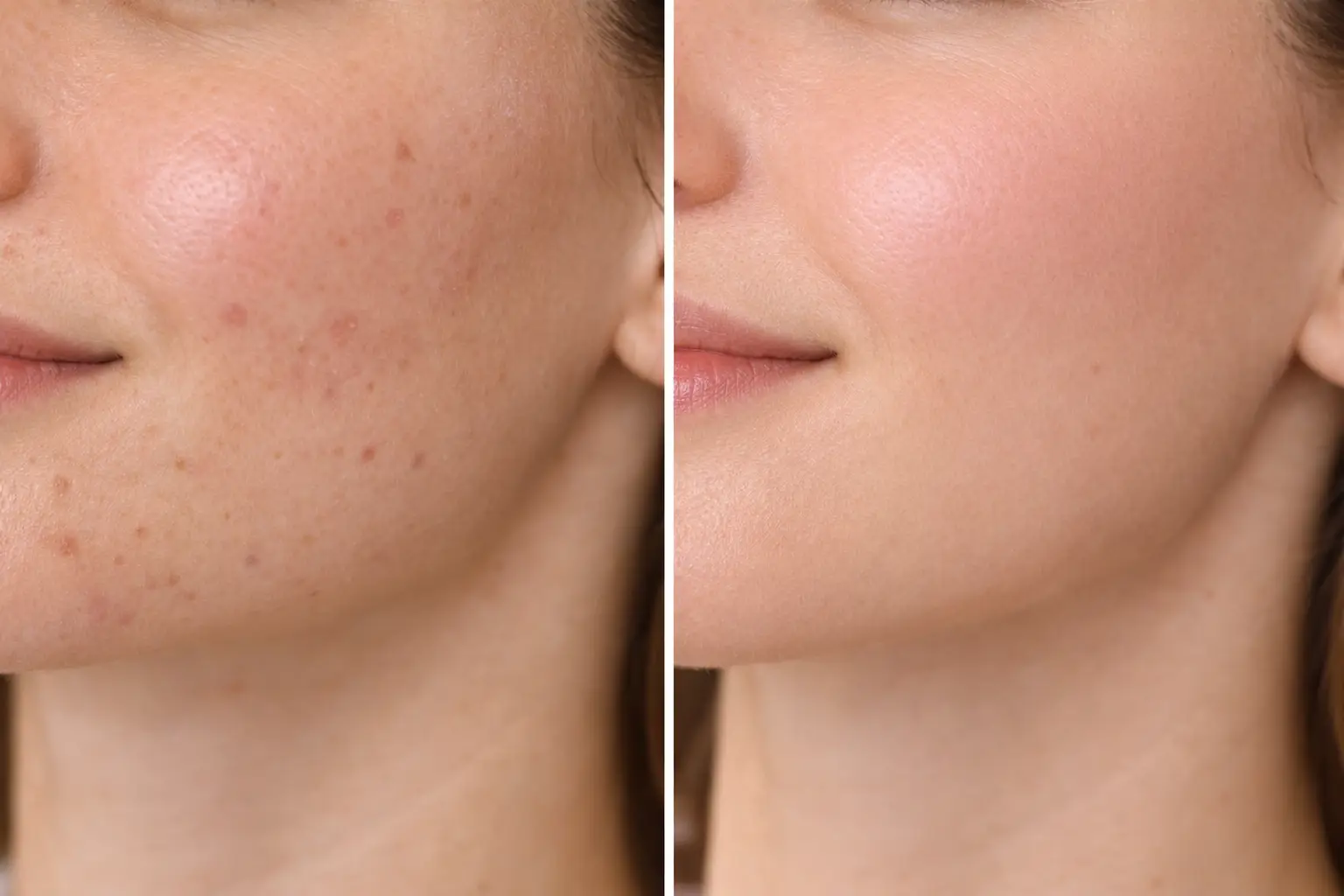 Before and after comparison showing clearer skin and reduced acne after facial treatment.