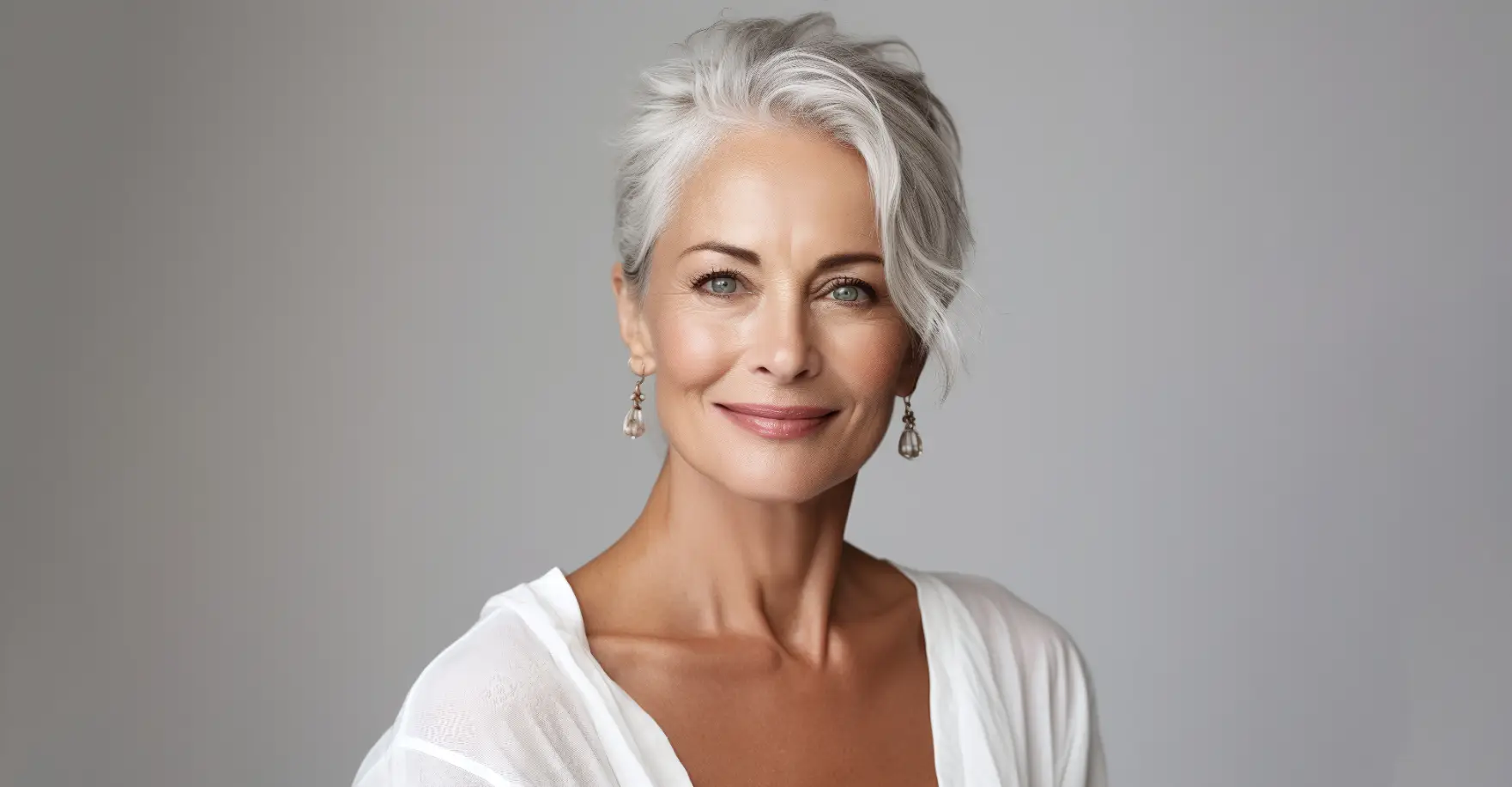 Smiling mature woman with short gray hair against neutral background
