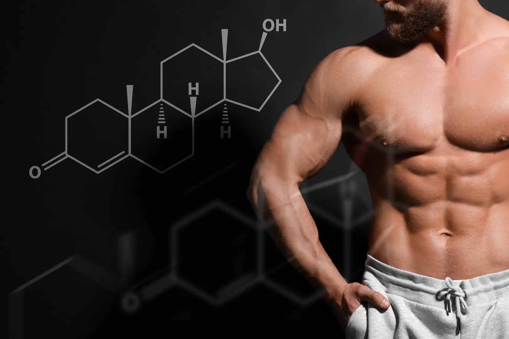 Muscular torso with hormone molecule illustration over a dark background.